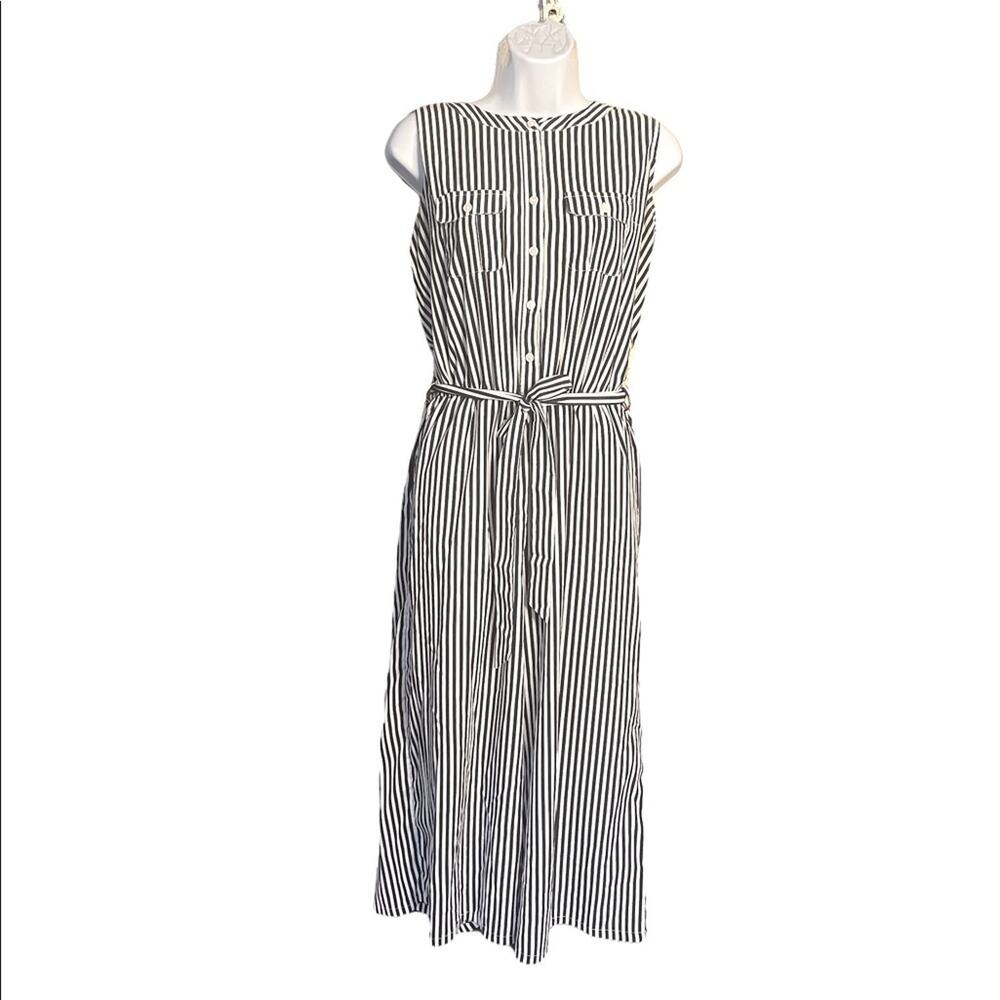 Spense Jumpsuit 6 Striped Button Front Tie Waist Sleeveless Wide Leg Blue White